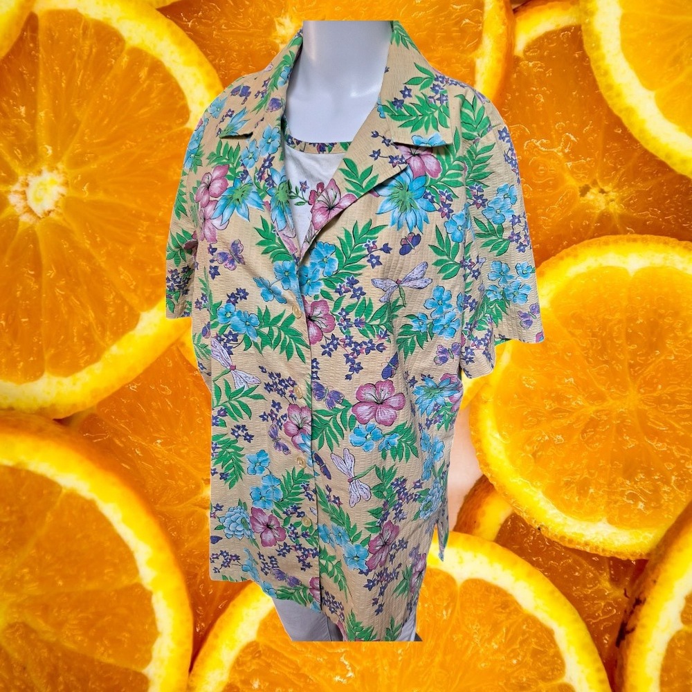Blair‎ Women's Floral Button Down Camp Shirt Short Sleeve Medium Colorful